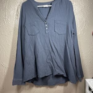 Mote Dusty Blue Long Sleeve Button Up 100% Cotton Woven Blouse Womens Sz 2XL